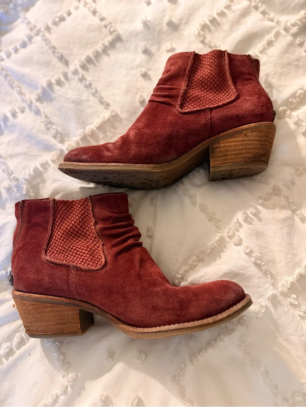 Sofft Burgundy Suede Ankle Booties with Stacked Heel
